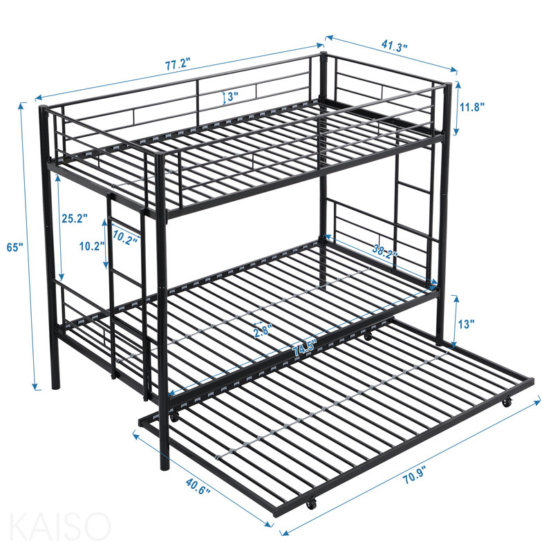 Twin Over Twin  Metal  Bunk Bed With Trundle  Black, Black