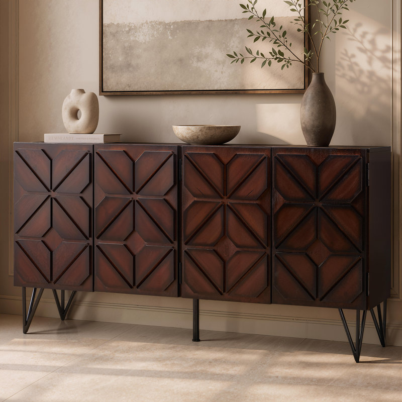 62" Solid Wood Sideboard With Hand-Carved Door Panel, Walnut Brown