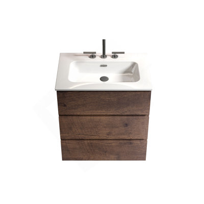 Meuble-lavabo de 24 po en noyer avec lavabo avec 3 trous de robinet, grand meuble-lavabo autoportant pour salle de bain moderne, lavabo blanc monobloc sans drain ni robinet, pré-assemblé
