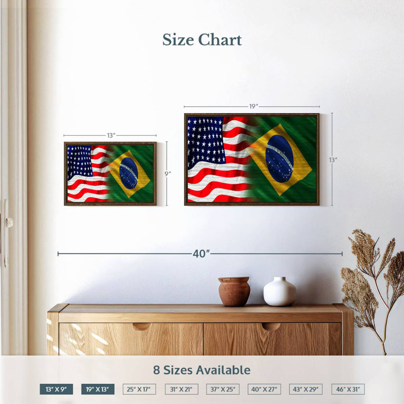 Drapeau des États-Unis et du Brésil, 19 po x 13 po, Cadre flottant en noyer