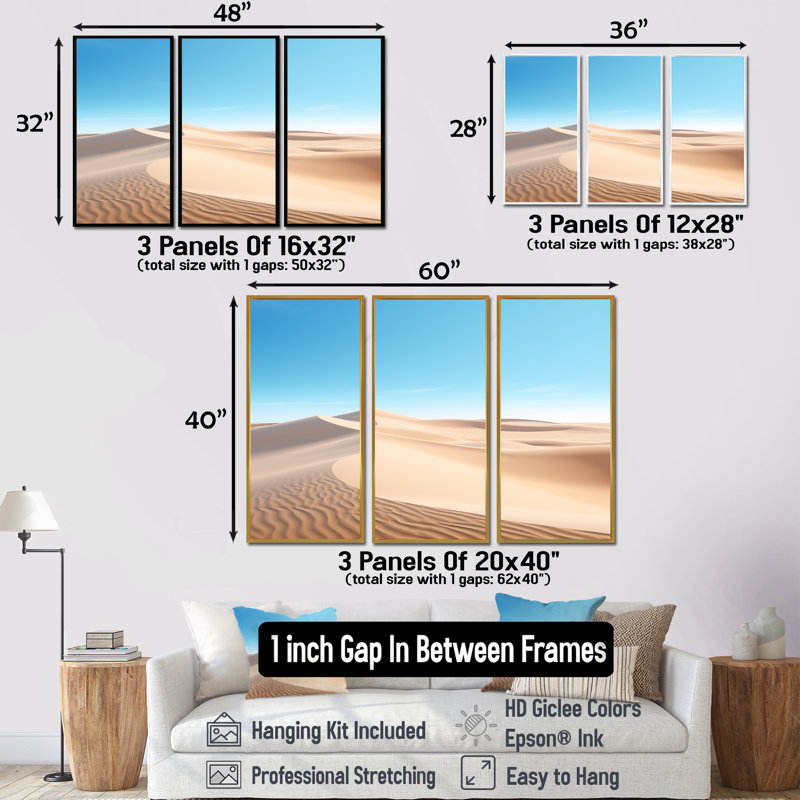 Ciel bleu sur les dunes du désert - ensemble de décorations murales désert, Cadre flottant noir, H 40 po x l 60 po x P 1 po