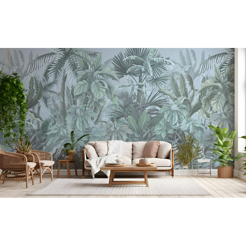 Papier peint Misty Jungle tropicale en vert sauge doux, L 106 po x l 187 po