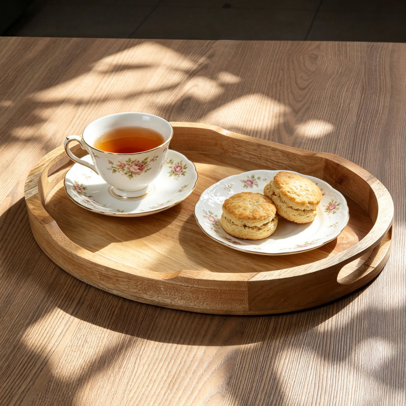 Wooden Serving Tray For Coffee Table And Ottoman - Decorative Charcuterie Board And Fruit Basket Organizer, Natural Beige Rectangular Tray