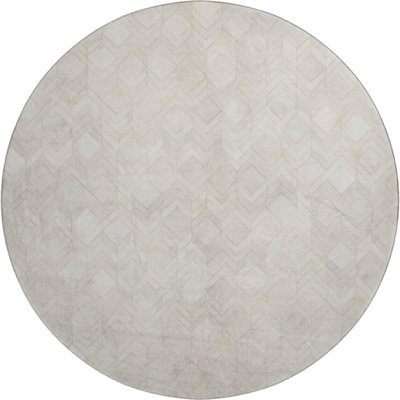 8' Ivory And Gray Geometric Washable Round Rug With UV Protection