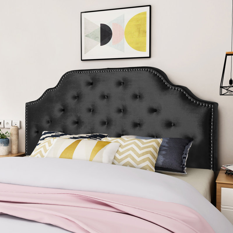 Modern Queen & Full Sized Headboard - Upholstered In Velvet With Button Stitch And Delicate Nailhead Border, Assembly Required Contemporary Diamond Pattern Accents, Needed