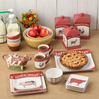 Vintage Farm 16-Piece Dinnerware Set, Includes 10.5-Inch Dinner Plates, 8.5-Inch Salad Plates, 16-Oz Mugs & 5.25-Inch Bowls, Farm Animal Design with Red Accents, Rustic & Dishwasher Safe