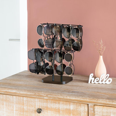 Sunglasses Organizer Glasses Holder Stand For 24 Pairs Of Eyewear, 2 Tier Sunglass Storage Eyeglasses Display Rack Metal Frame With Wood Base , Black