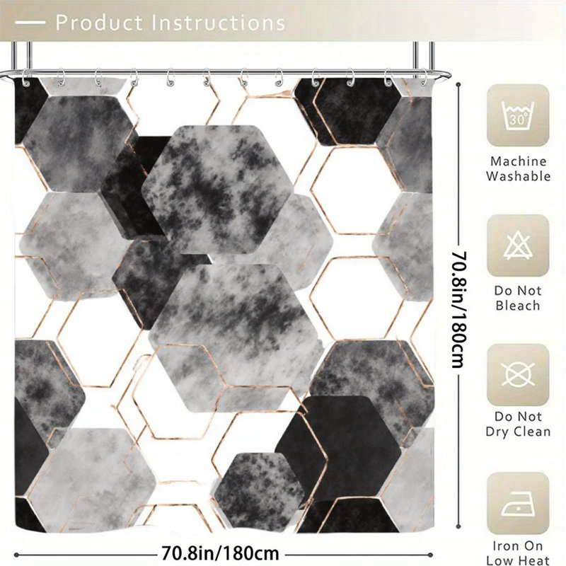 Rideau de douche hexagonal gris et noir, 71 x 71