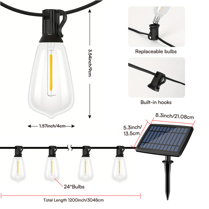 100 pi Guirlande d'extérieur à énergie solaire 24 lumières DEL St38 avec base E12 - Ampoules rétro Edison imperméables pour patio, jardin et café - Blanc chaud (2700k) - Fil noir