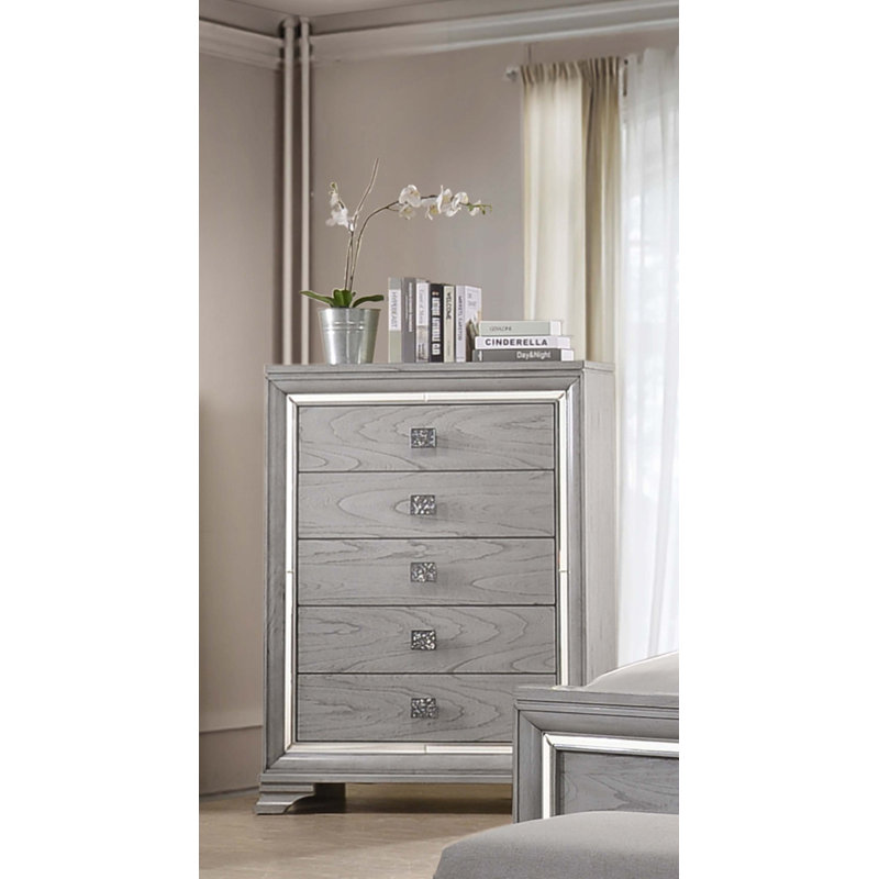 Contemporary 1Pc 5 Storage Drawer Chest Mirrored Accents Beautiful Solid Wood Wooden Bedroom Furniture