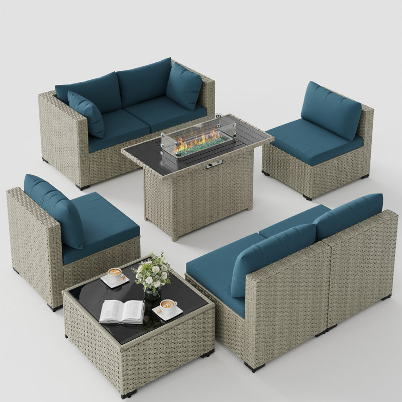 7 Pieces Design-Oriented Rattan Patio Conversation Sets With Fire Pit, Peacock Blue