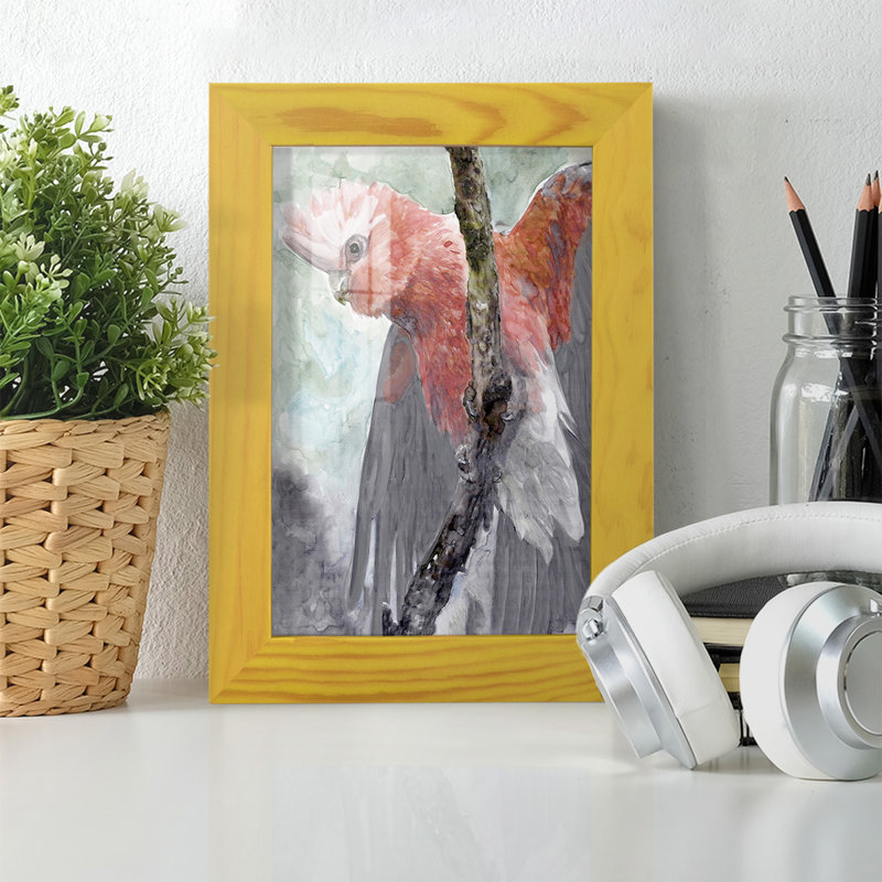 Tropic Parrot II encadré sur papier, H 6 po x l 4 po x P 1 po, Cadre jaune