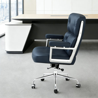 Mid Back Genuine Leather Executive Office Chair With Aluminum Frame, Computer Desk Chair