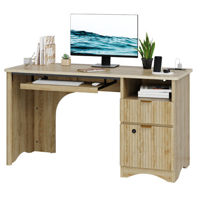 Neeru 55Inch Fluted Executive Desk with Fingerprint Lock, Modern Computer Writing Desks with Power Outlet, Home Office Desk with Keyboard Tray and Open Storage Compartment