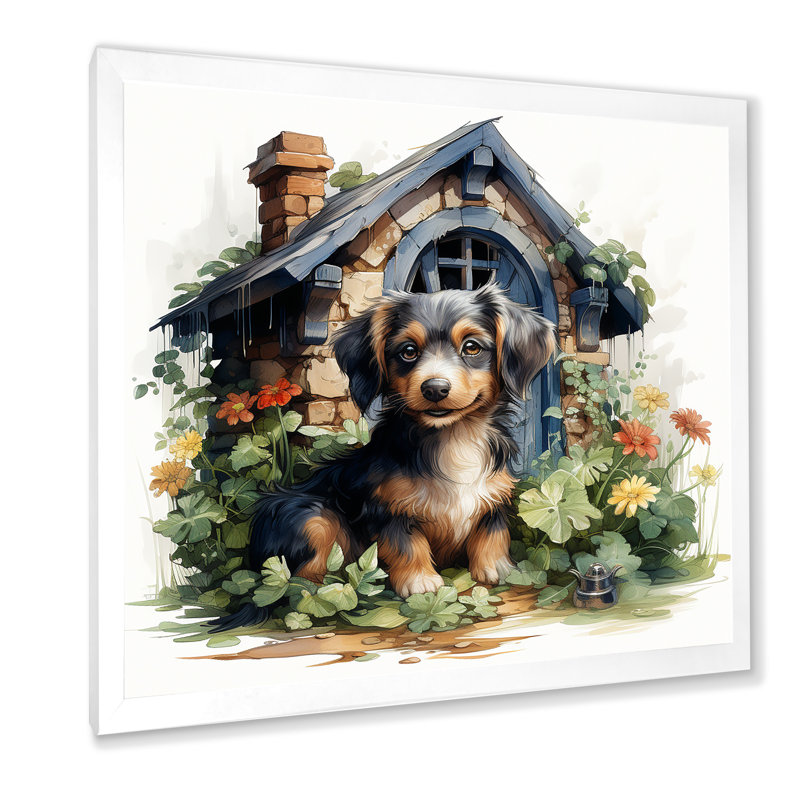 «Puppy Doghouse Blooms I», art mural chien, Cadre simple blanc, H 36 po x l 36 po x P 1,5 po