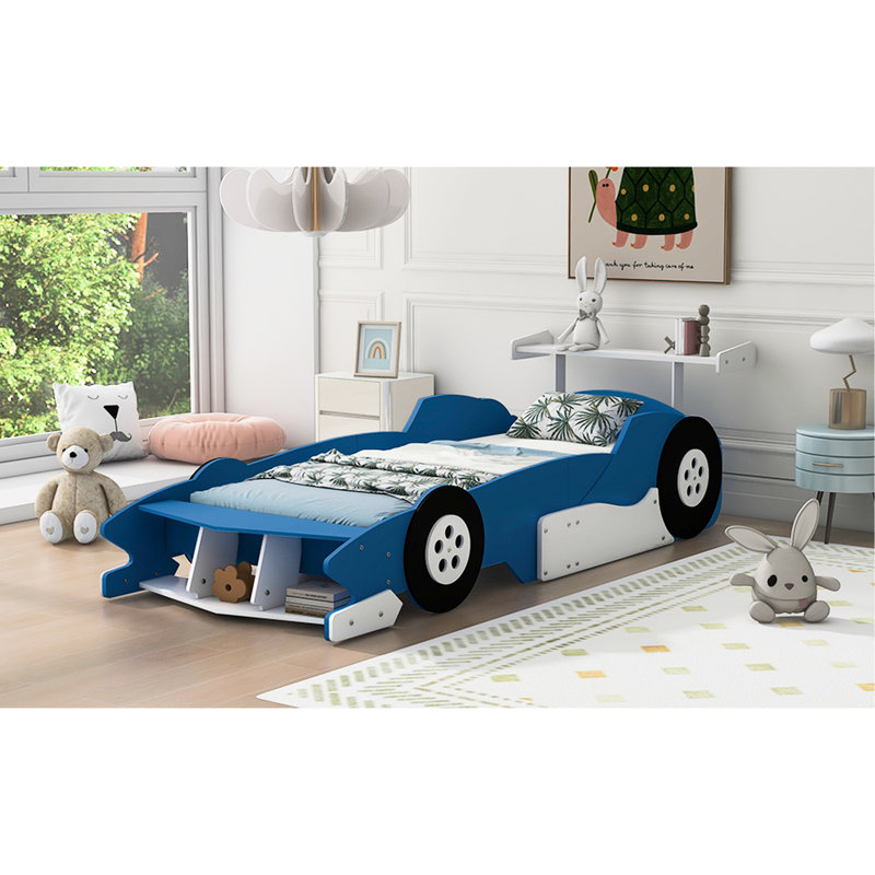 Blue Twin Race Car Platform Bed With Wheels - Structure For Long-Term Use Functional Design, Blue