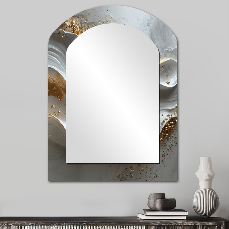 Grey And Gold Abstract Marble II - Marble Arch Wall Mirror, Gold Asymmetrical Decorative Mirror, Printed Metal Art, 34" x 25"