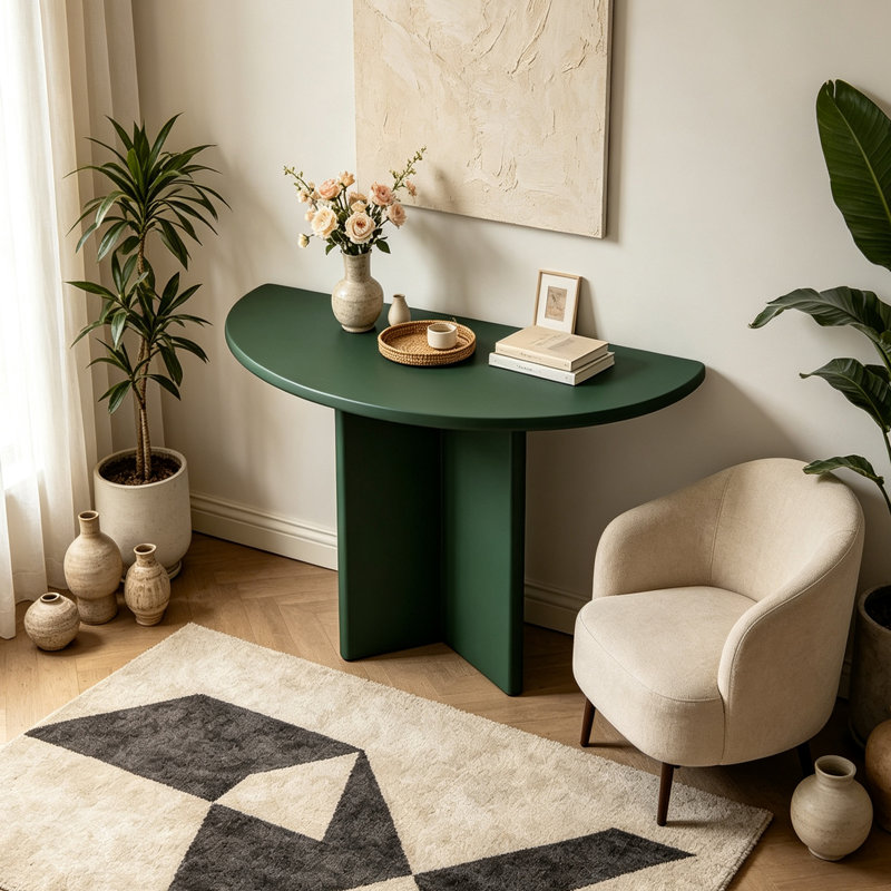 Console moderne semi-circulaire de couleur unie, H 33,46 po x l 47,24 po x P 13,78 po, Vert foncé, Vert foncé, Vert foncé