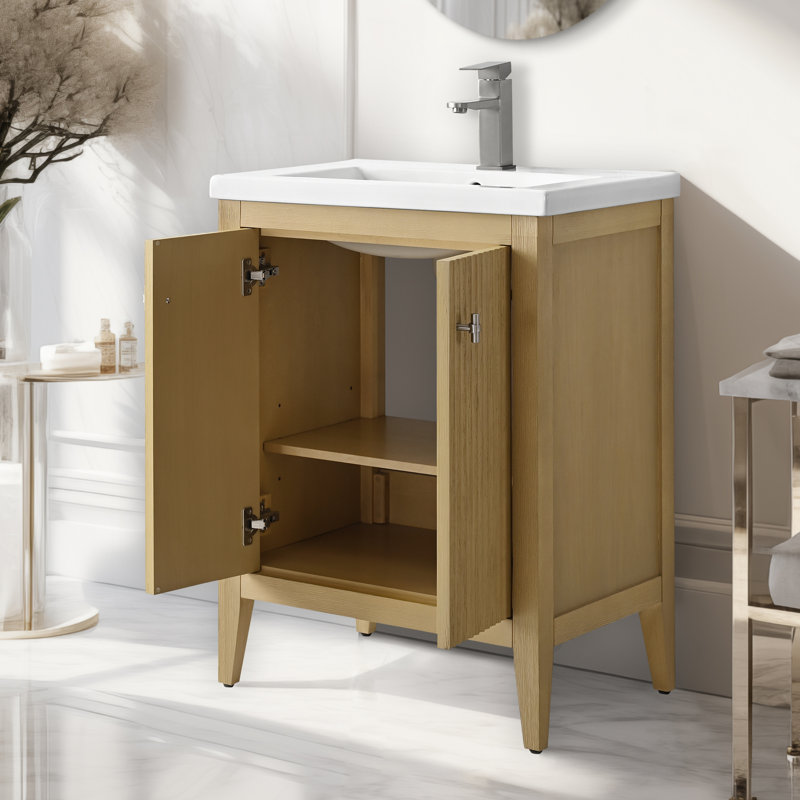 Ensemble de meuble-lavabo sur pied lavabo simple 24 po avec plateau en céramique blanche, Chêne linéaire linéaire, 24"
