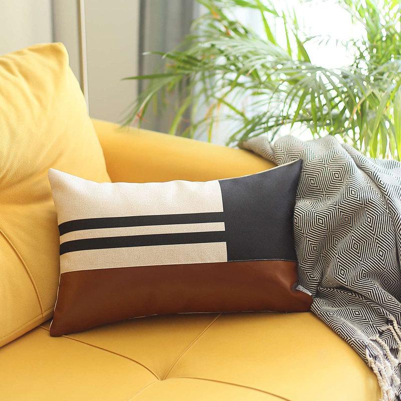 Bohemian Handmade Vegan Faux Leather Brown and Black Geometric Lumbar Pillow