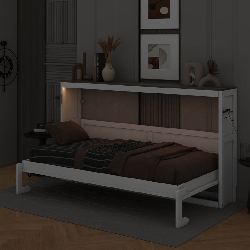 Lit escamotable simple avec lumière DEL, Blanc / Brun