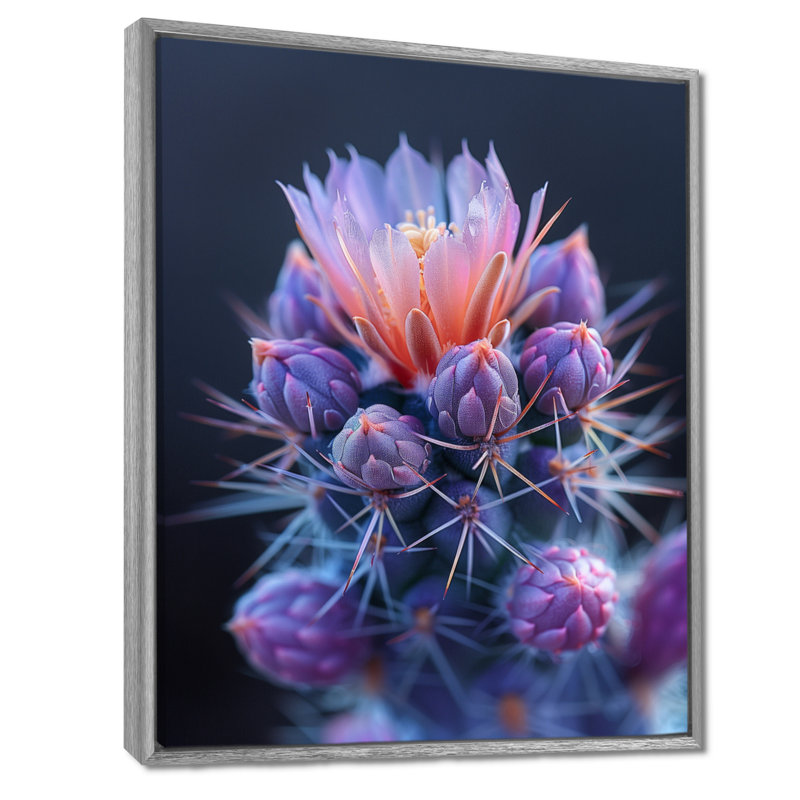 Cactus rose et mauve, Toile argentée avec cadre flottant, H 32 po x l 24 po x P 1 po