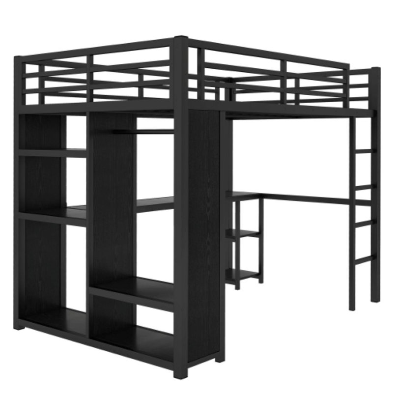 Full Size Loft Bed With Desk And Storage, Metal Loft Beds With Wardrobe And Shelves, Loft Bed Frame For Teens, Kids And Adults, Non-squeaking Stable Structure ,black