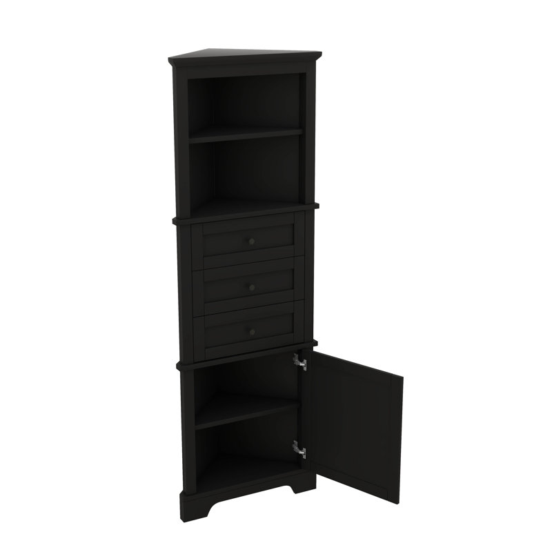 Armoire de coin triangulaire dotée de trois tiroirs et de tablettes réglables, Noir