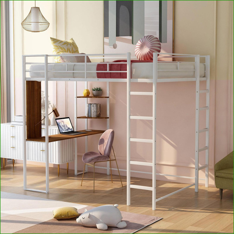 Lit mezzanine double en métal avec bureau 2 tablettes - aucun sommier nécessaire, blanc, Blanc
