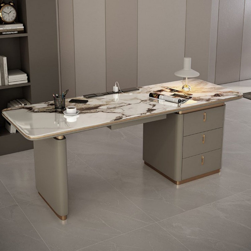 Bureau rectangulaire gris en bois manufacturé avec 3 tiroirs, H 29,53 po x l 55,12 po x P 27,56 po, Retour à droite