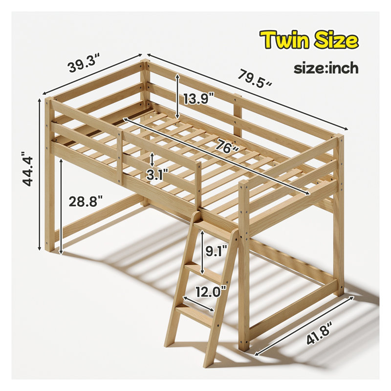 Lit simple mezzanine bas en chêne, structure en bois de pin massif convertible pour enfants