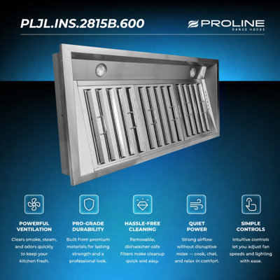 Insert de hotte de cuisine professionnelle PROLINE de 28 pouces (pour hottes de 30 po), 600 pi³ / min, acier inoxydable, profondeur de 15 po, 4 vitesses, garantie de 3 ans, hottes de cuisine, PLJL.INS.2815B.600