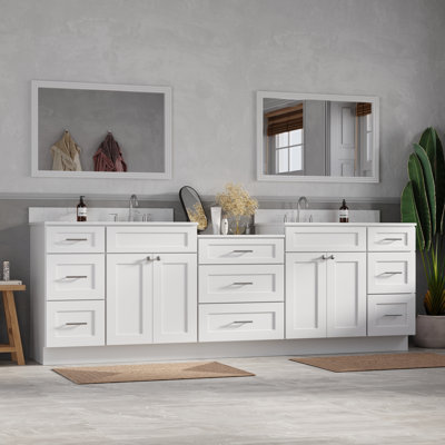  102'' Double Bathroom Vanity Cabinet Shaker Dovetail Solid Wood Drawer Carrara Quartz Top