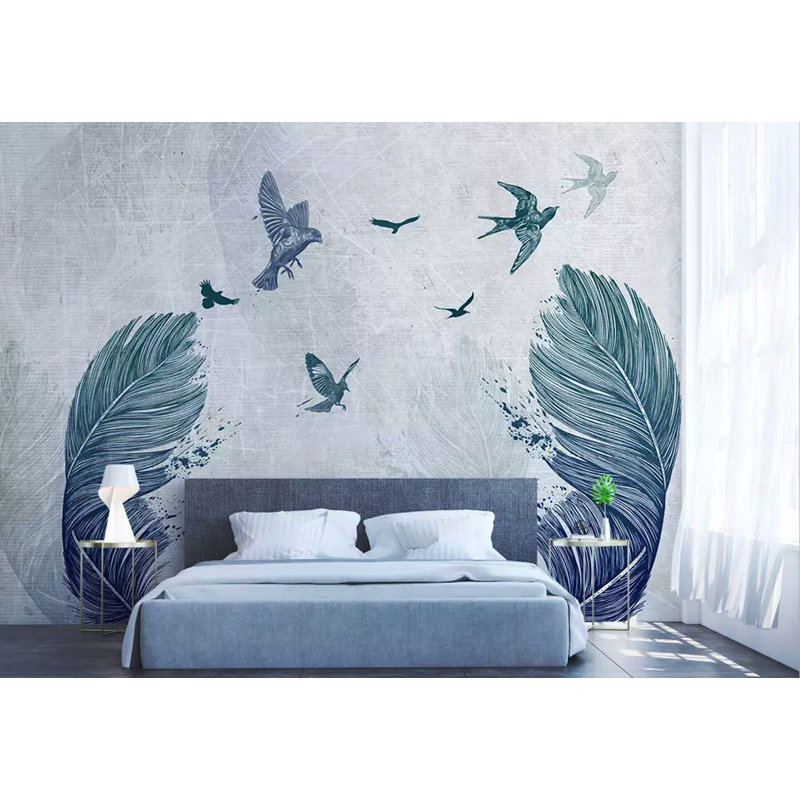 Adhésif mural plume monochrome avec oiseaux, L 6,25 pi x l 9,33 pi