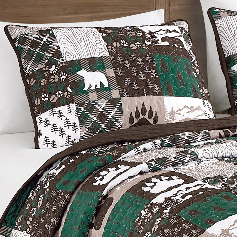 Ensemble de couvre-lit 3 pièces à motif d'ours et de pattes Patchwork, Courtepointe de grande taille et 2 taies décorati
