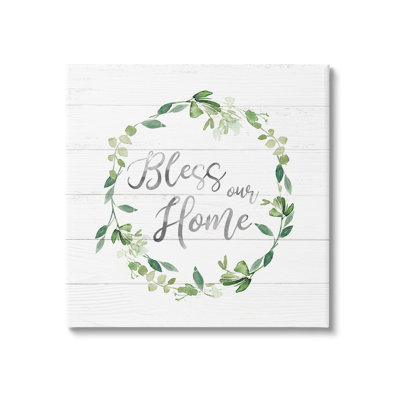 «Bless Our Home Farmhouse Leaves Wreath Calligraphy» par Carol Robinson - impression sur toile tendue
