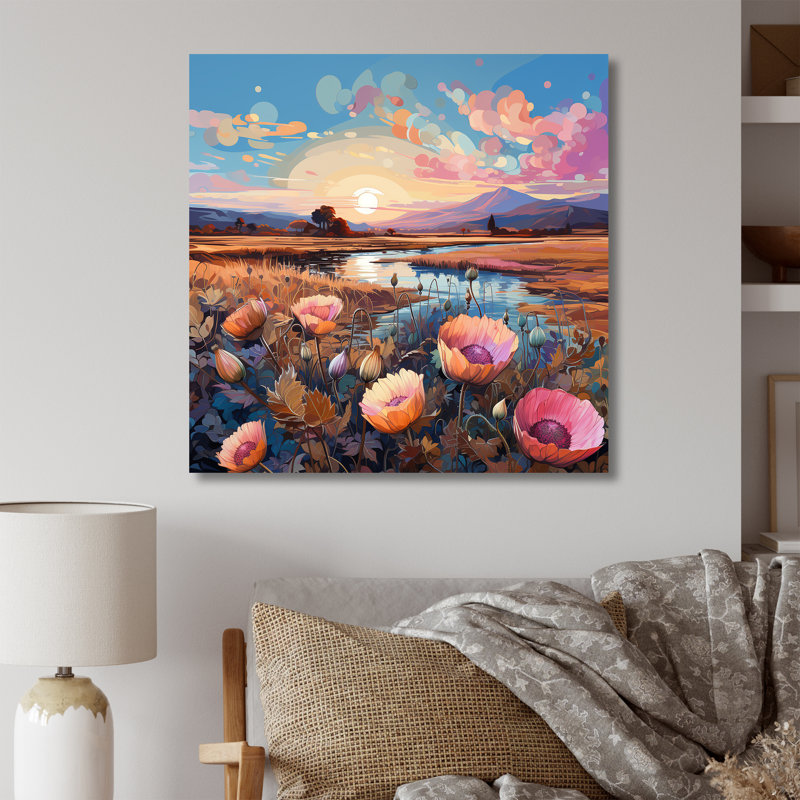 «Thistle Flower Field Sunset» sur toile, Toile tendue, H 16 po x l 16 po x P 1 po