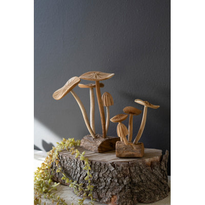  Sculptures de champignon en bois de teck - 9 po de hauteur - 2 pièces