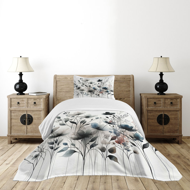 Ambesonne Neutral Bedspread Set Soft Hues Flowers Pattern Dimgray and Slate Blue, Twin Bedspread + 1 Standard Sham