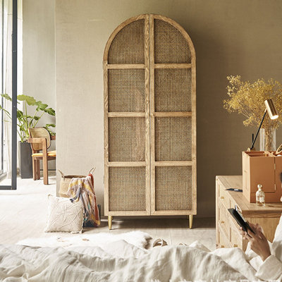 Rattan Wood Two Door Partitioned Storage Armoire Armoire