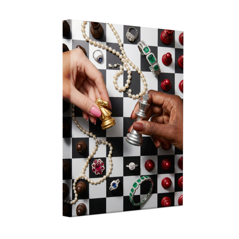 Abstrait échiquier, bijoux, mains, pièces, H 24 po x l 16 po