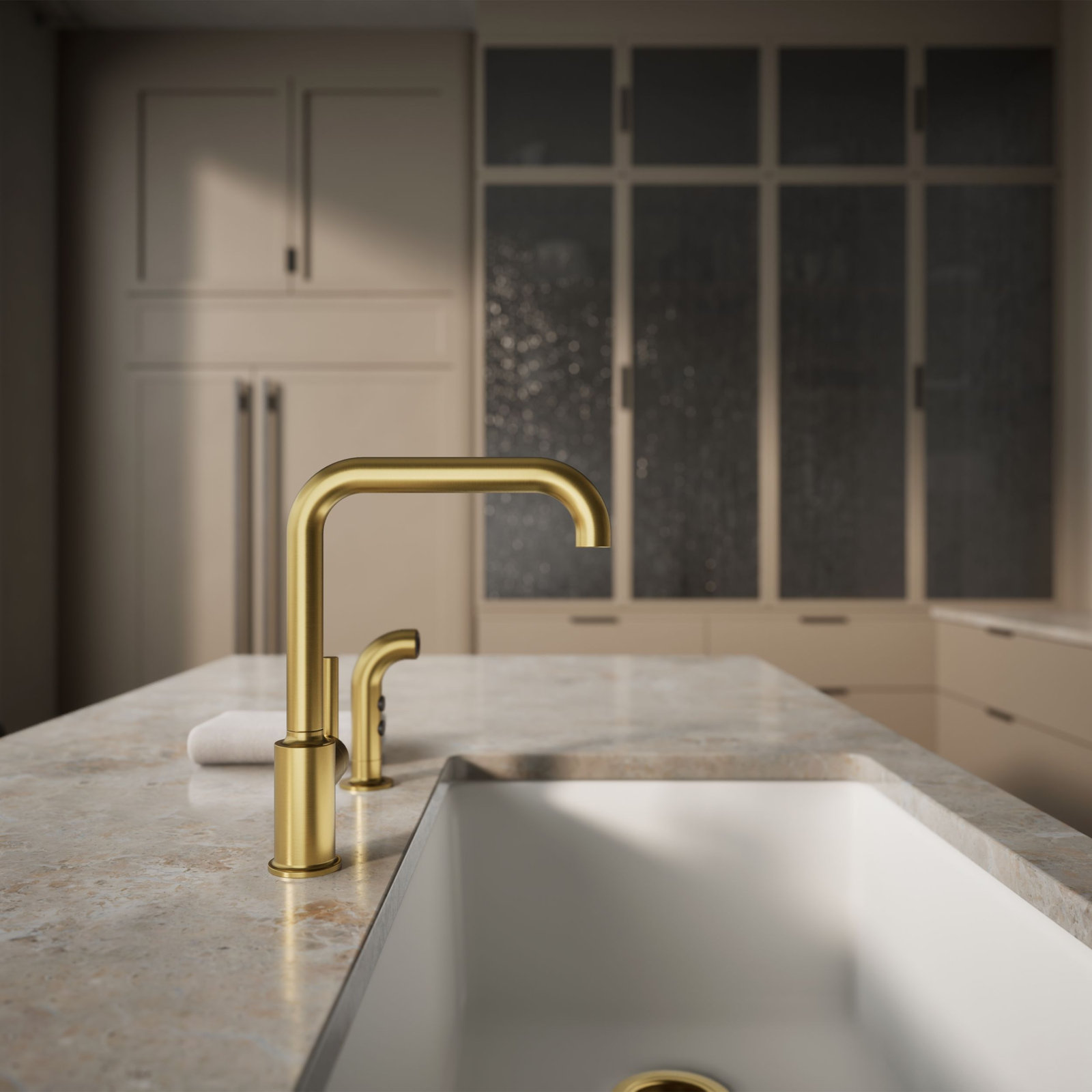 Purist Two-Hole Kitchen Faucet with Sidespray, Vibrant Brushed Moderne Brass