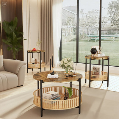 Boho Living Room Table Set With Rattan Storage Shelf And Metal Frame, Round Coffee Table And 2 End Side Tables