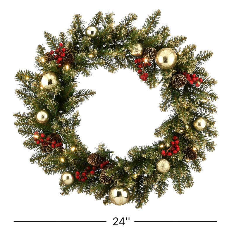 The Holiday Aisle® 24 in. Glittery Gold Dunhill Fir Wreath with Battery Operated LED Lights