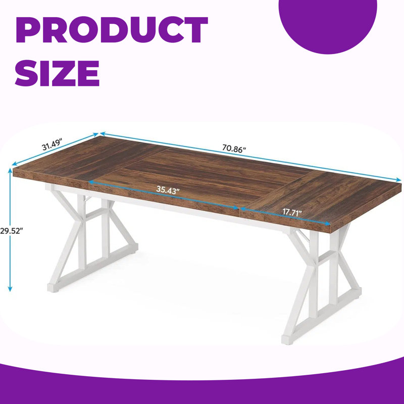Table de salle à manger de style campagnard rustique 71 po avec pieds en métal X-Trestle - 6 sièges, plateau en bois et base blanche