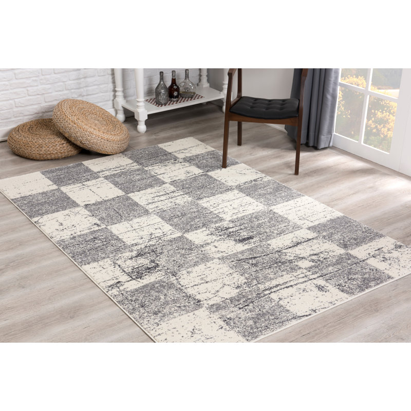 Rug Branch Prana 8' x 11' (7'9" x 10'6") White/Grey Checkered Indoor Area Rug, Contemporary, Medium Pile, Stain-Resistant Carpet - Living Room, Bedroom, Dining Room, and Kitchen