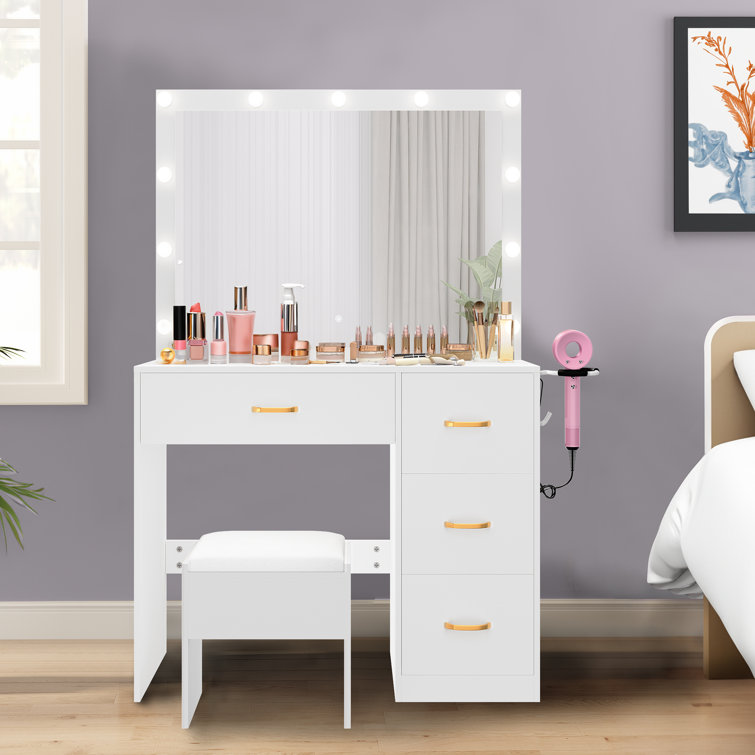 Yitahome  Vanity Desk Set With Led Lighted Mirror And Power Outlet White