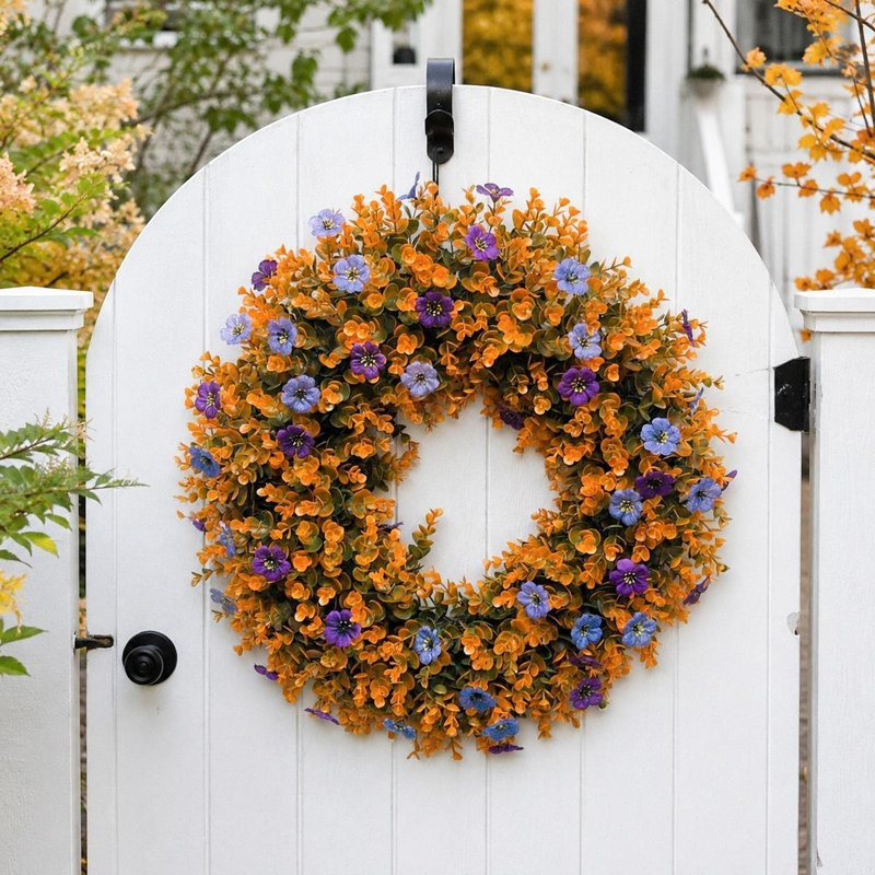 Couronne florale pliable artificielle 23,6 po avec eucalyptus orange et fleurs bleues / mauves