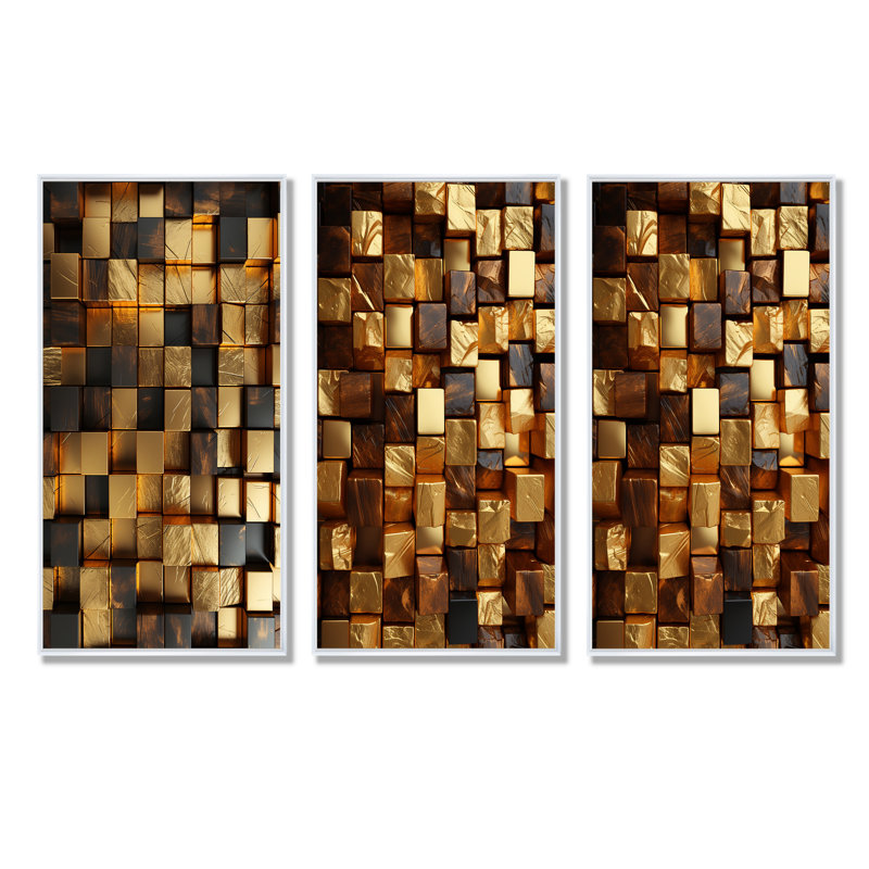 Cubes abstraits noirs et dorés I - Ensemble de 3 reproductions de toiles géométriques abstraites, H 28 po x l 36 po