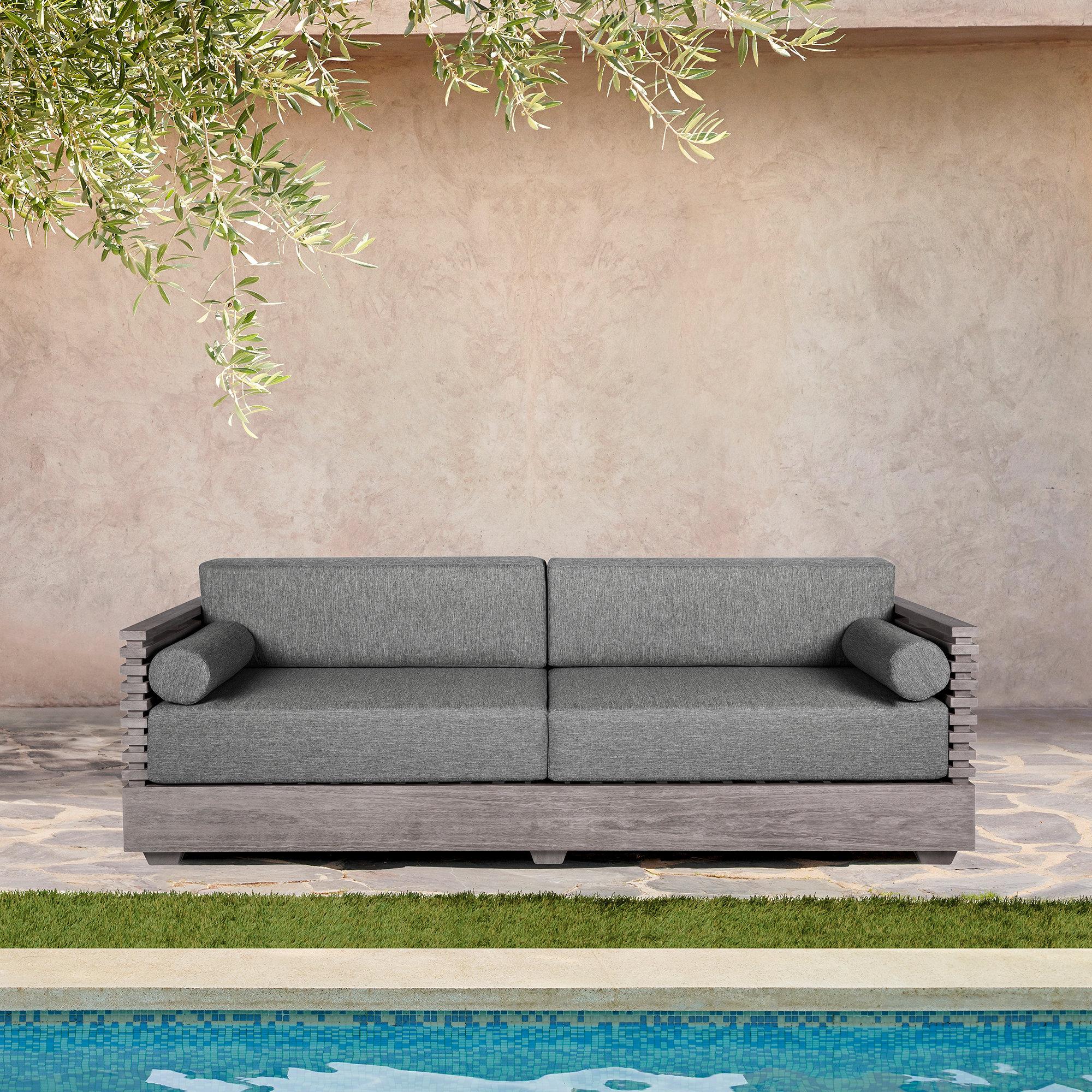 Fritz 83'' Wide Curved Wood Patio Sofa with Cushions, Grey Performance